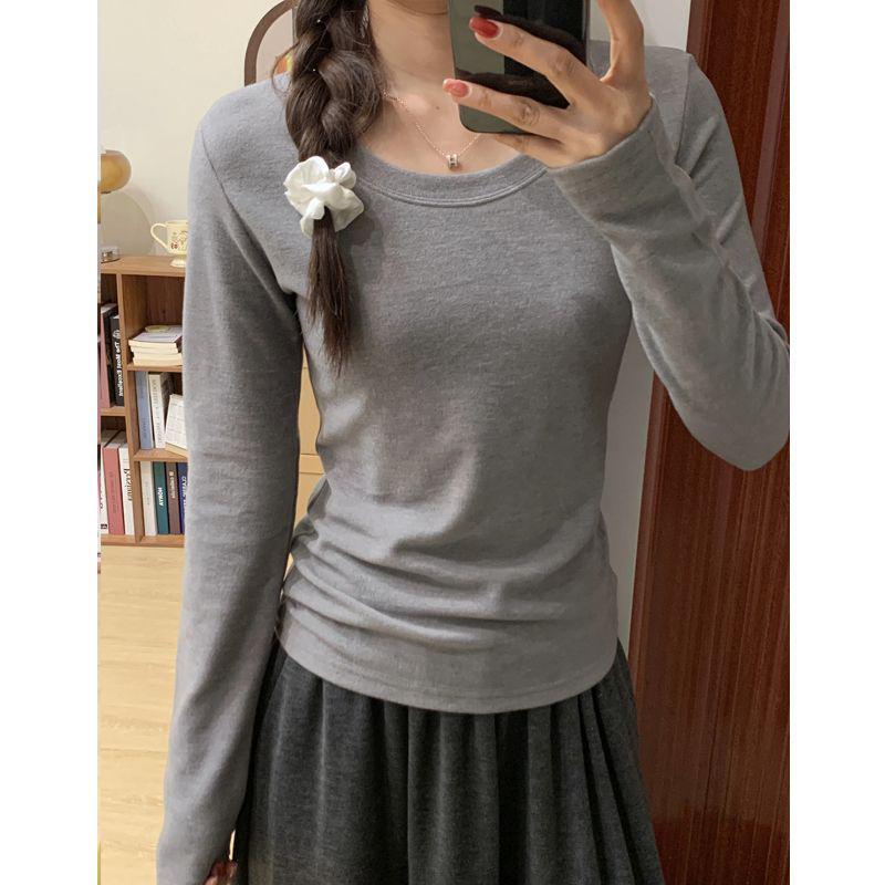 

Женская приталенная рубашка с круглым вырезом и длинным рукавом – Универсальная, однотонная для весны, осени, зимы Small