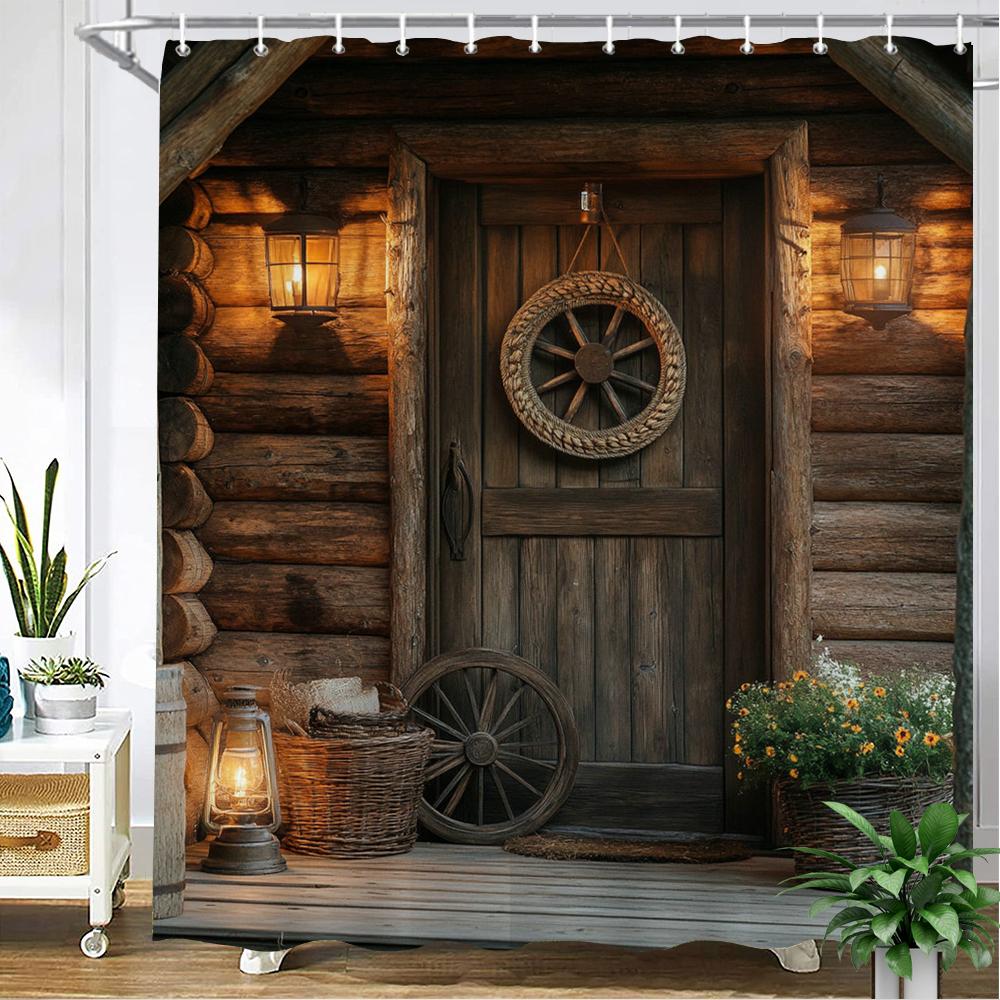 

Country Retro Style, Wood Grain House Pattern Shower Curtain Waterproof Polyester Bathroom Curtain Bath Screen Decor For Bathtub W60H190(CM)-1 Pcs