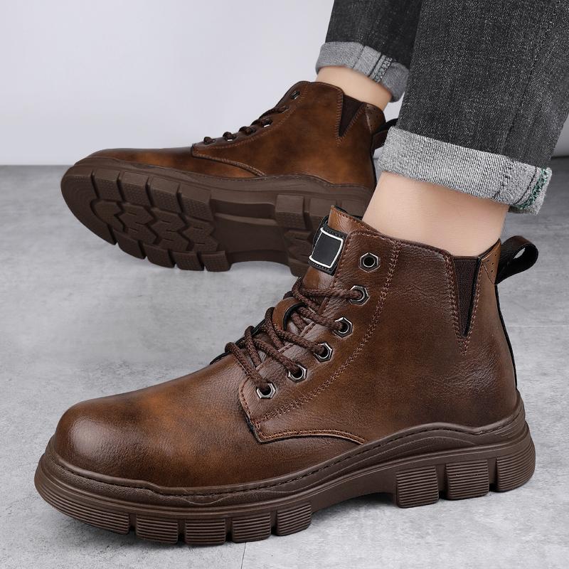 Brand New Men's Cowhide Embossed Business High Top Boots for Autumn and Winter Comfortable and Warm Men's Lace Up Short Boots