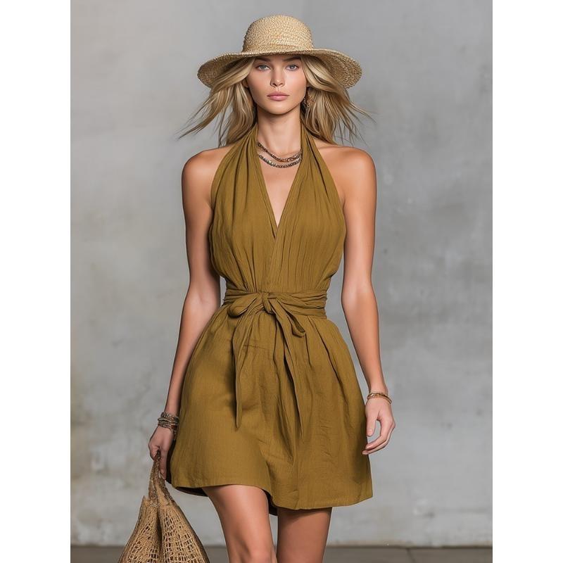 Summer Women's Clothing Halter Deep V Neck Tie Waist Casual Short Slim Fit Dress