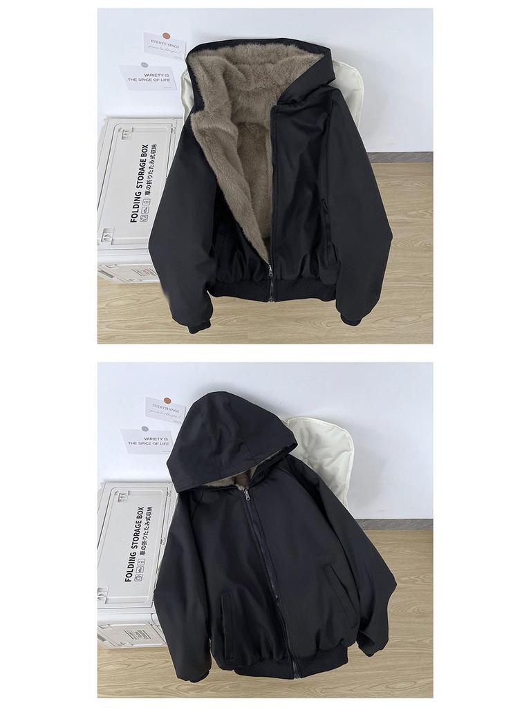Unisex Reversible Hooded Cotton Jacket with Thick Velvet for Winter