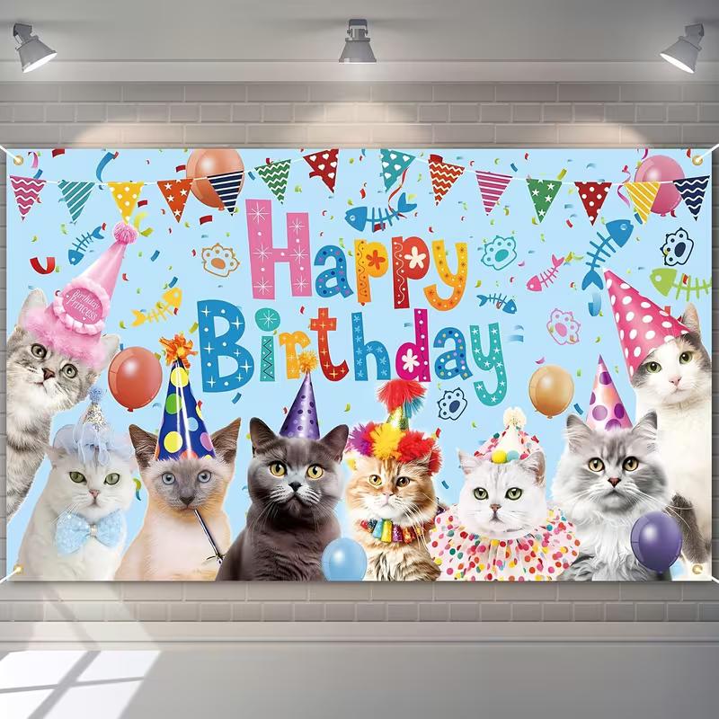 

2D Happy Birthday Cats Backdrop Cloth, Colorful Party Kitten Photography Background 47.2x31.5inch/120*80cm
