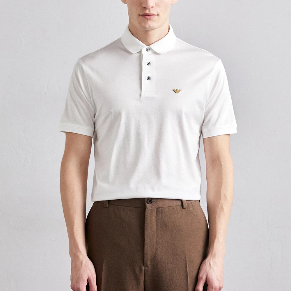 Emporio Armani Solid Color Embroidered Polo Shirt Men Tops White EM001704AF10017M0131