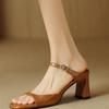 Square Head High-heeled Slippers Women's Summer Outer Wear 2025 Summer New Open-toed Thick Heel One-word Drag Soft Leather Soft-soled Sandals