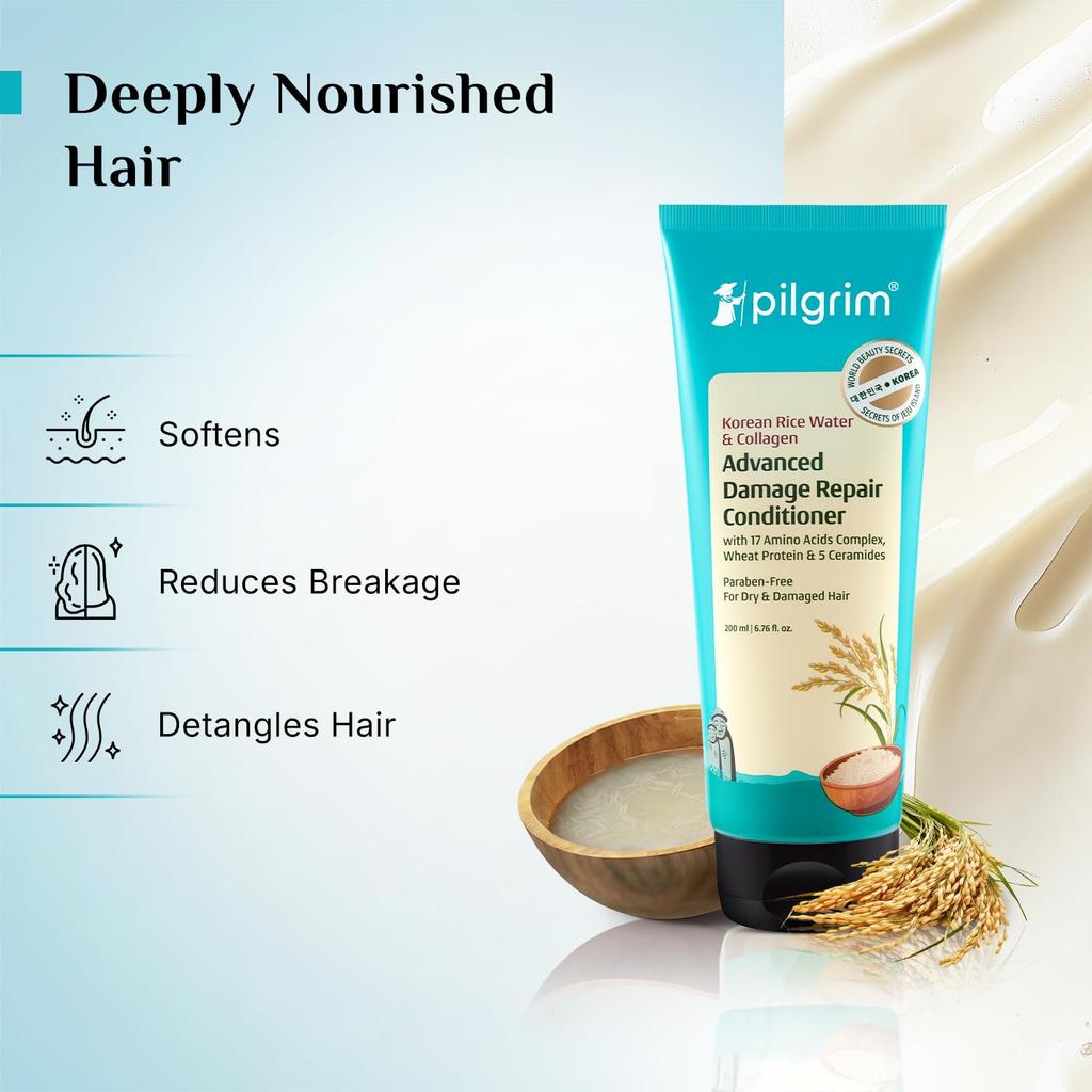 Pilgrim Korean Rice Water Collagen Damage Repair Conditioner 200ml X Pack of 2 Deep Nourishment & Shine