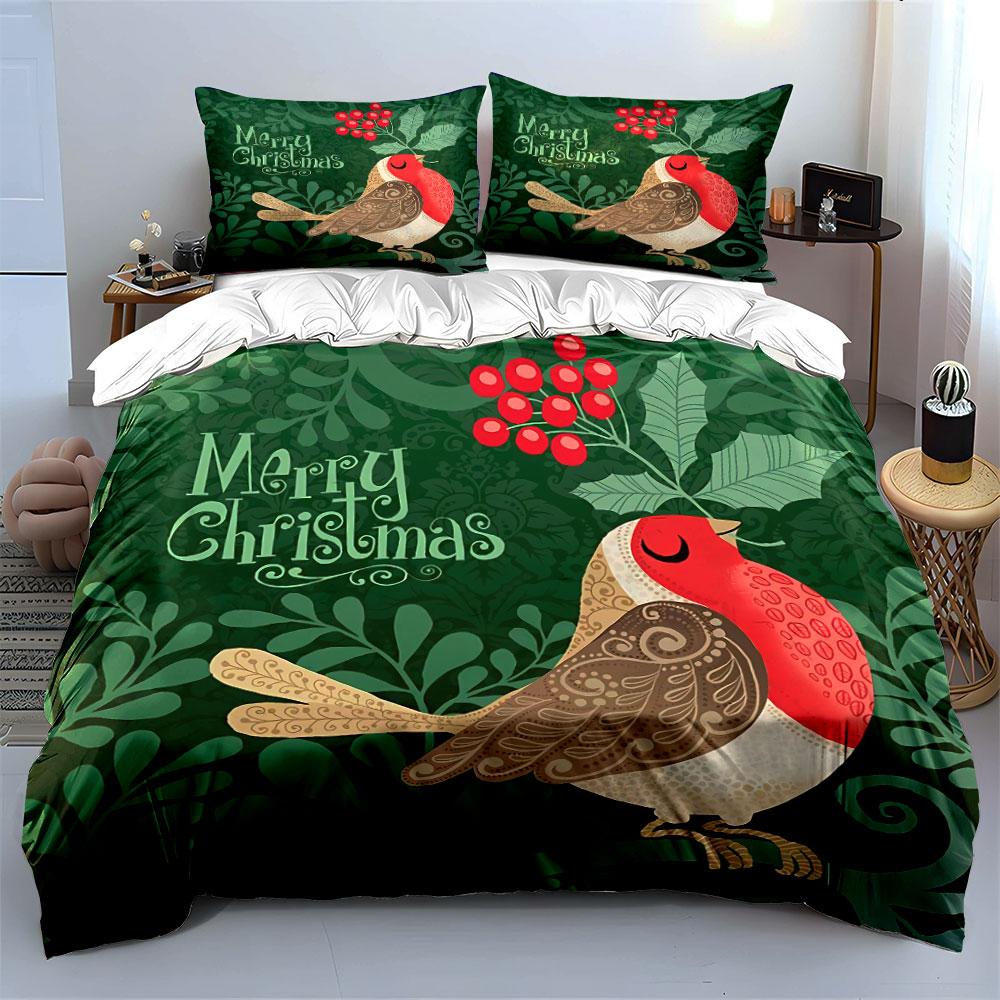 Christmas Robin Pattern Decor Bedding Duvet Cover Set Duvet Cover Pillowcases  (1*Duvet Cover 2*Pillowcases, Without Duvet Insert)