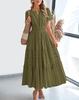 2026 Spring and Summer European and American Women's Fashion V-neck Pleated Bubble Sleeves Layered Pendulum Dress Women