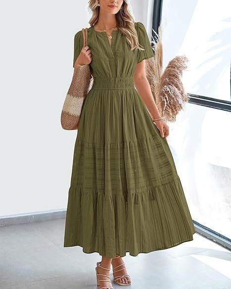 2026 Spring and Summer European and American Women's Fashion V-neck Pleated Bubble Sleeves Layered Pendulum Dress Women