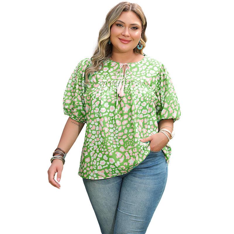 2025 Summer Women s Plus Size Colorful Leopard Print Tassel T-Shirt XXXL зелёный