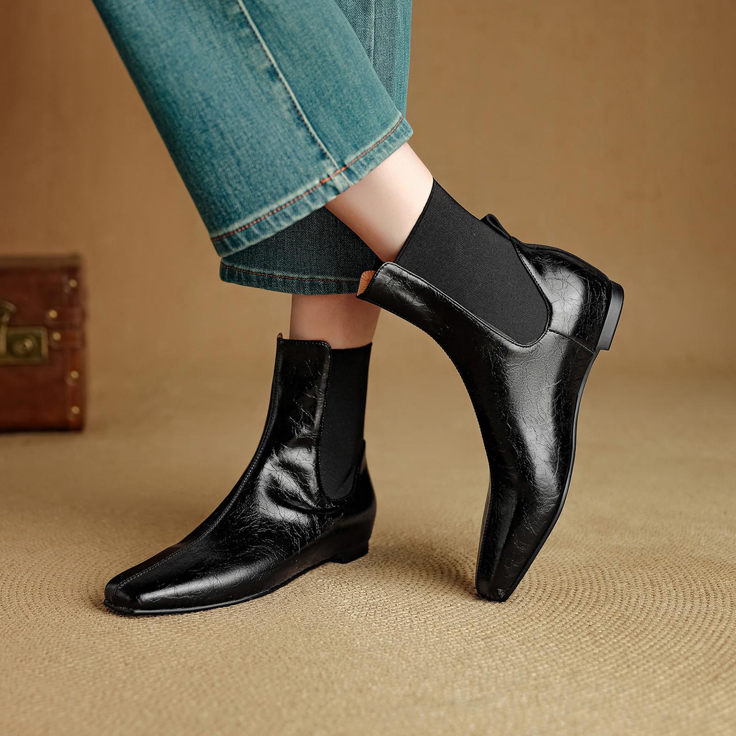 

Fashion 2025 New Autumn Women Boots Genuine Leather Women Shoes Square Toe Height Increasing Shoes Slip-on Ankle Boots Solid Daily Shoes 34