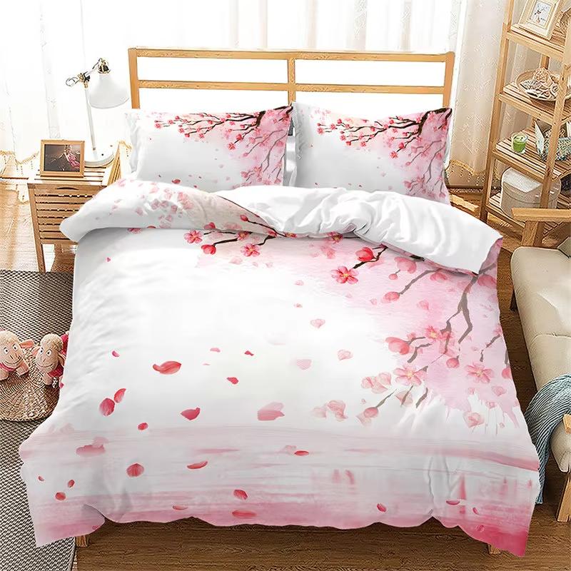 Pale Pink Floral Duvet Cover Japanese Cherry Blossoms Theme Bedding Set Microfiber Spring Scenery Quilt Cover Queen For Girl Boy