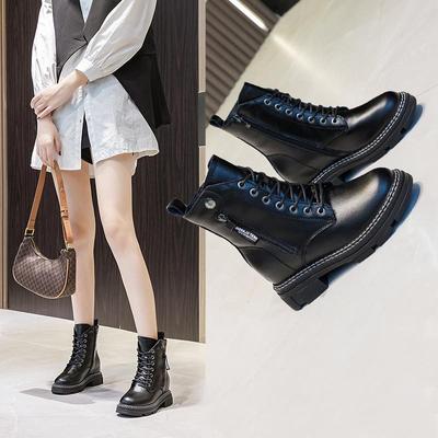 Herbstliche Samtleder-Martin-Stiefel für Damen, dicksohlige Innenhöhenerhöhung, lässige und schlankmachende Studentenschuhe mit doppelseitigem Reißverschluss