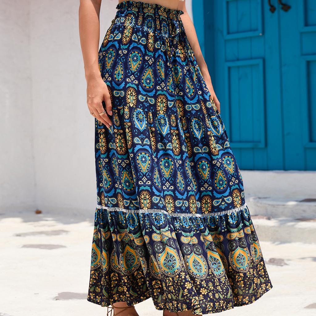 Damen Elastischer Bund Maxi-Rock Lockerer Sitz Boho Bedruckter Langer Rock Stufig RAYON 100% Strandurlaub Fließender Midi-Rock