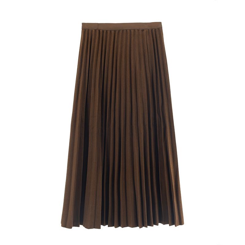 Model real autumn and winter pleated skirt medium and long skirt solid color A-shaped skirt elastic waist