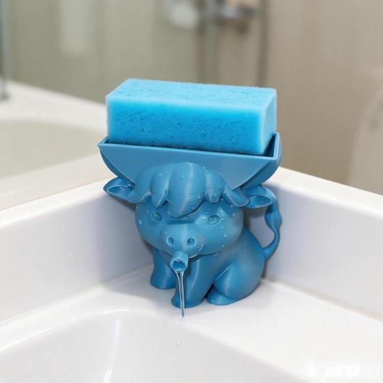 Yousheng Highland Cow Sponge Holder with Drainage Bathroom Kitchen Sink Countertop 3D Printed Cattle Sponge Stand Multifunctional Sponge Organizer