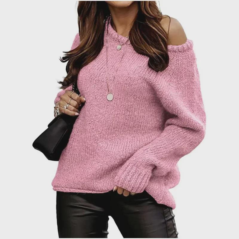 Off-Shoulder Sexy Round Neck Knit Pullover: Solid Color Casual Loose Plus Size Women's Sweater - Autumn/Winter Collection