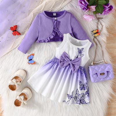 3M-5Y Girl's Clothes Suit Spring and Autumn Models Shawl Dress Baby Girl Colourful Halter Dress + Solid Colour Jacket Lady Baby Two-piece Suit