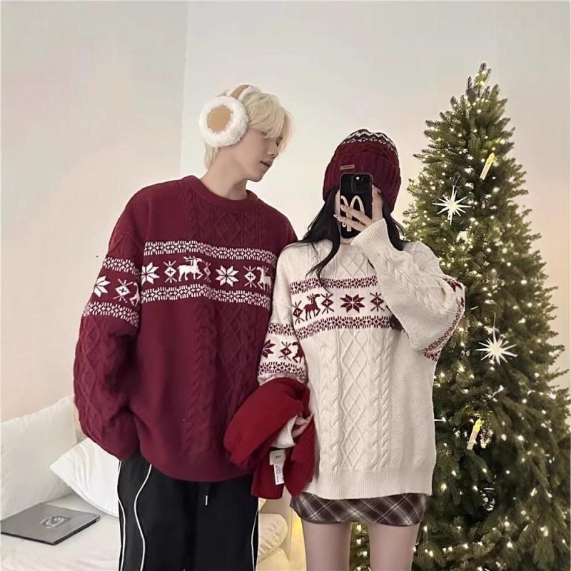 Unisex Nordischer Weihnachtsstrickpullover mit Hirschmotiv Zopfmuster Lockerer Schnitt Winterpullover Teenager Erwachsene