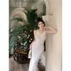 Sexy Fan White Knitted Long Dress Skinny Slim Fairy Suspender Skirt Summer Three-dimensional Flower Dress