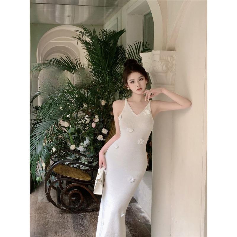 Sexy Fan White Knitted Long Dress Skinny Slim Fairy Suspender Skirt Summer Three-dimensional Flower Dress