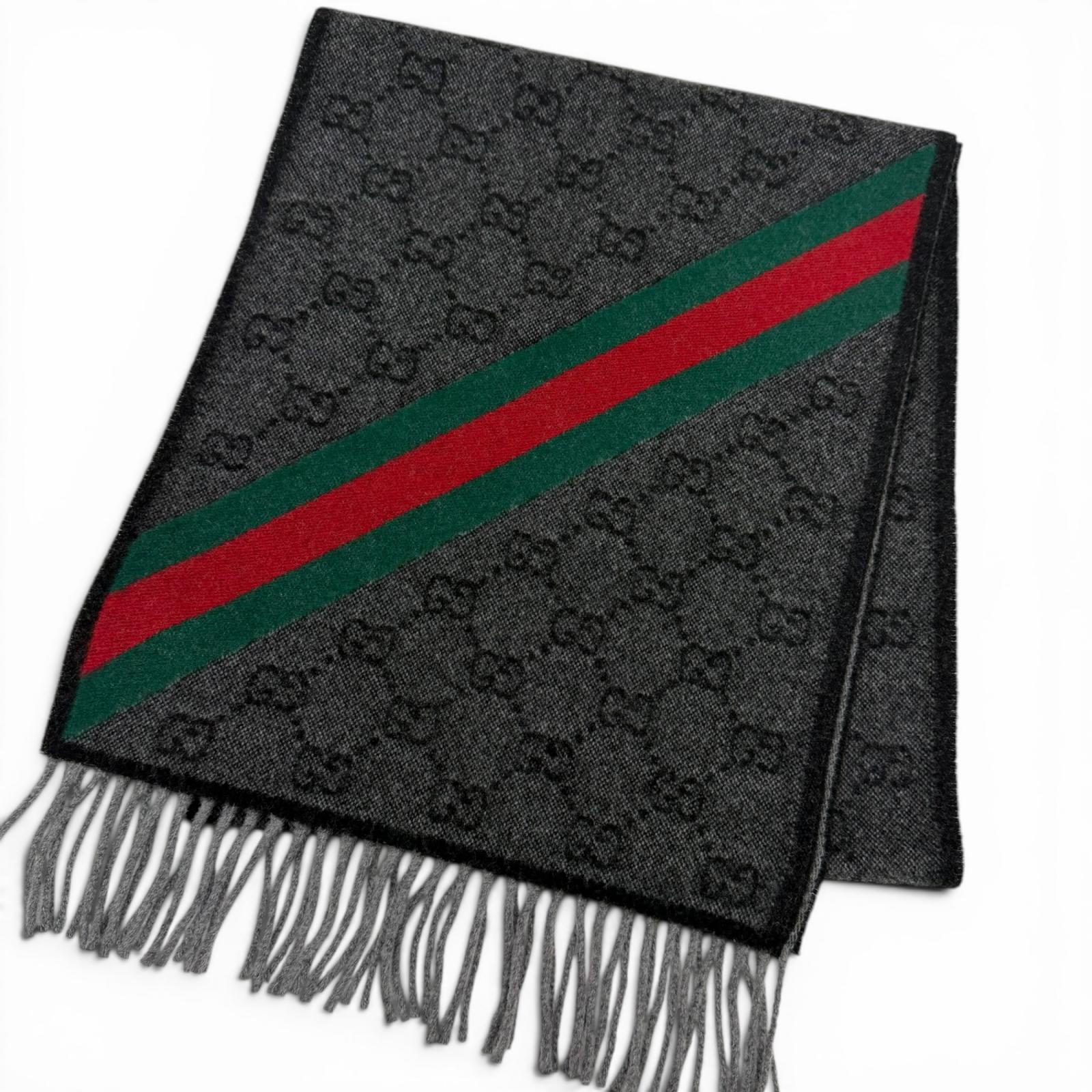 Great GUCCI Scarf GG logo all-over print web stripe gray wool 570603 Used