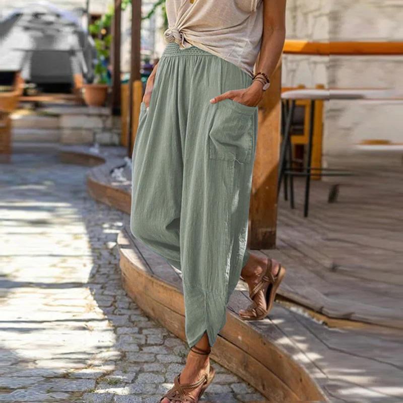 Summer New Casual Fashion Solid Linen Harem Pants Women Loose Pocket Wide Leg Radish Ankle-length Trousers Female Bloomers