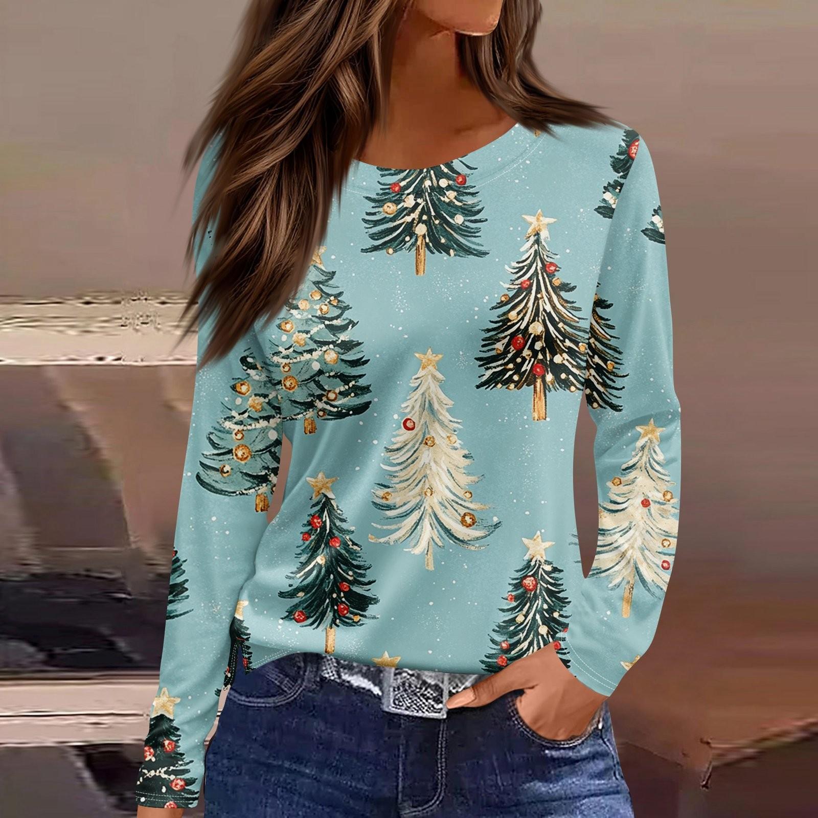 

Длинные рукава женские топы цветочный принт винтажная мода повседневные свободные с R-образным вырезом рубашки больших размеров Рождество M