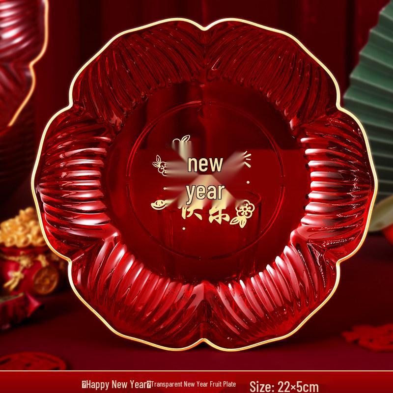 2026 New Year Red 'Fu' Character Fruit Plate with Sunflower Seeds and Candy Snacks for Festive Dining and Coffee Tables