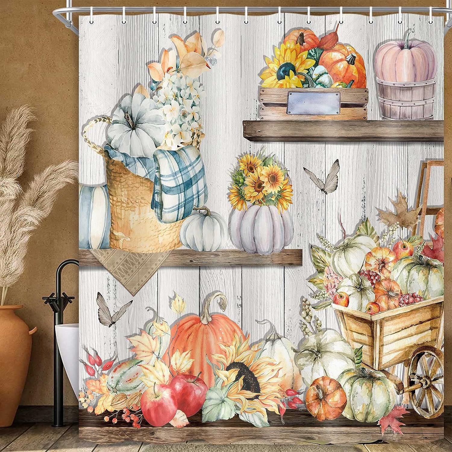 

Фермерский дом Осень Занавеска для душа Осень День благодарения Урожай Тыква На деревенской деревянной доске Ткань Ретро Кантри Декор для ванной комнаты 35x70in-90x180cm