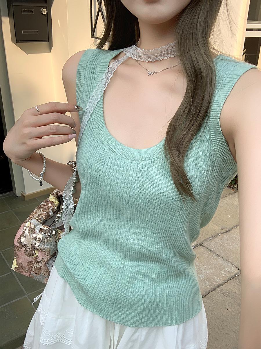 

Summer new fashion U-neck sling vest women s seaside wear slim fit inner temperament sleeveless top S мятный зеленый