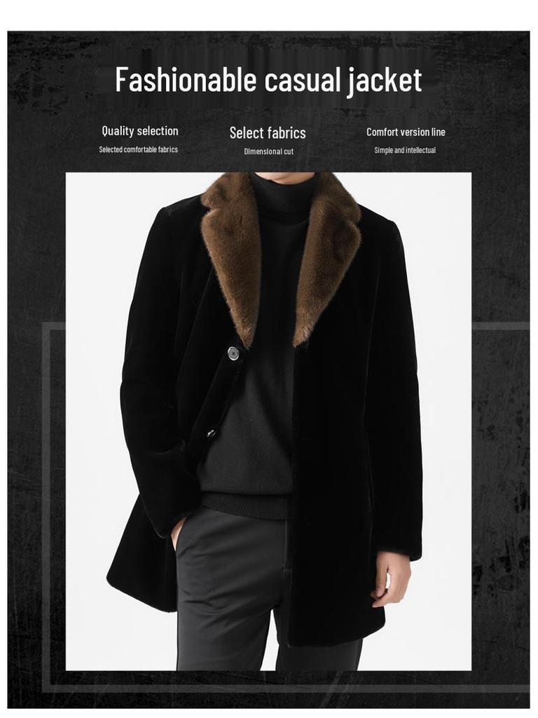 Men's Mid-Length Wool Coat with Faux Mink Fur Lapel - Fashionable, Casual, and Warm Dad's Wear