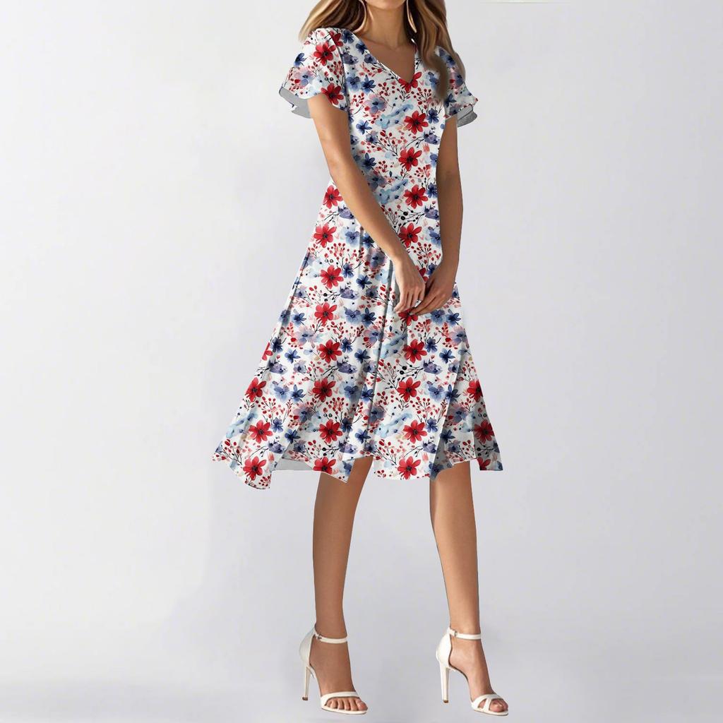 Kvinners Sommer Casual Mote Blomsterprint Kjole V-hals Kortermet Kort Skjørt