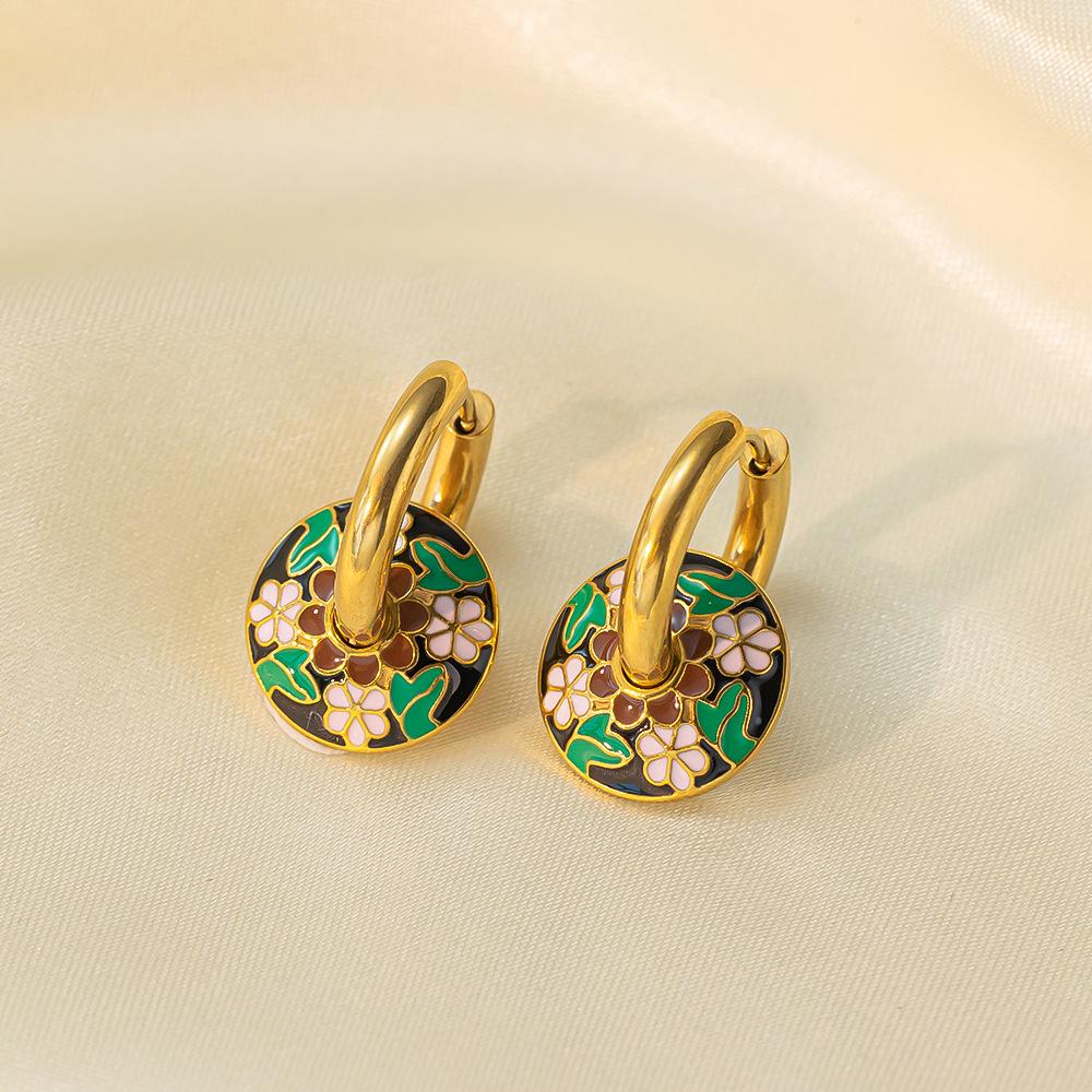 New retro fashion titanium earrings with round dripping oil colorful flower earrings personalized niche design women's earrings