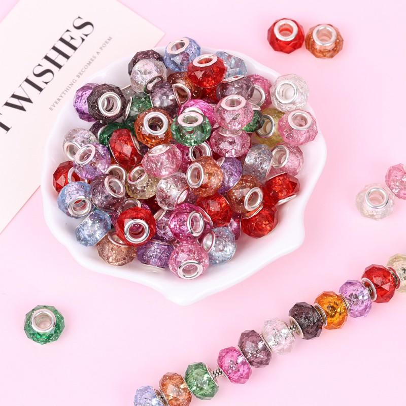 Acrylic Large Hole Beads With Blue Faceted Cut Silver-Plated Brass Core Resin Craft Charms DIY Jewelry Making