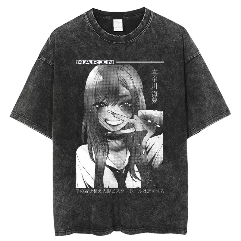 Hot Anime My Dress Up Darling Kitagawa Marin Printed Tshirt High Quality Washed Cotton T-shirts Harajuku Casual Tops Unisex