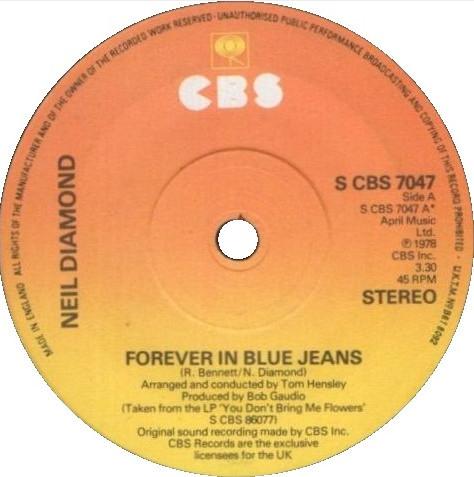 

7inch Record NEIL DIAMOND - Forever In Blue Jeans SCBS7047 CBS 1979 UK Pop Used