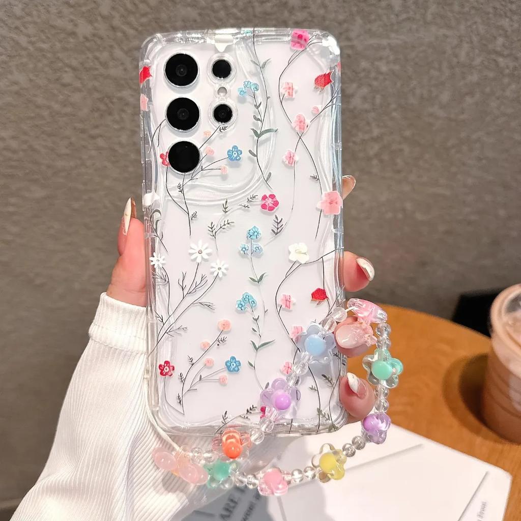 Clear Floral Leaf Chain Strap 3D Wave Case For IPhone 17 16 15 14 13 12 11 Pro Max 17 Pro 17 Air 16e 16 Plus 13 Mini Soft Cover