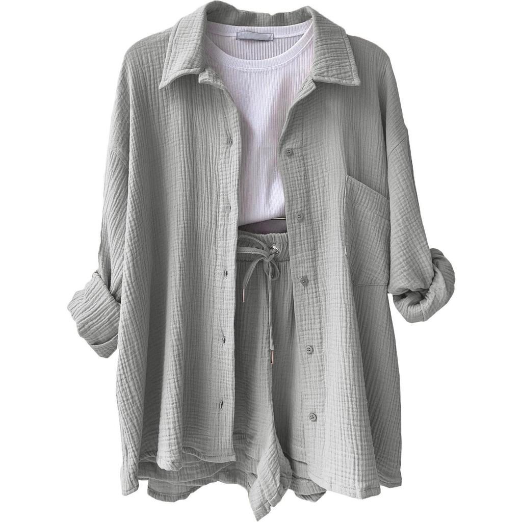 2024 Autumn Women's Two-Piece Set: Wrinkled Long Sleeve Shirt & High Waist Drawstring Shorts