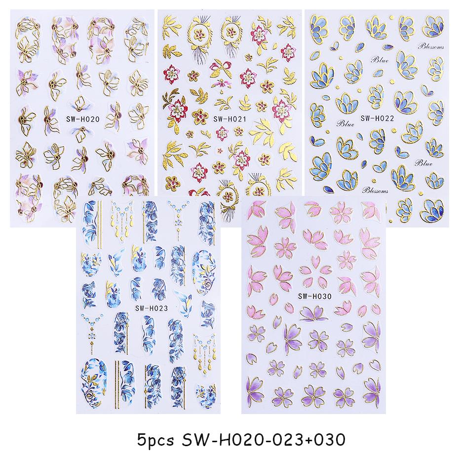 5pcs Metallic Gold Line Flower Nail Stickers 3D Bronzing Border Petals Sakura Leaf Nail Decals Slider DIY Elegant Manicure Decor