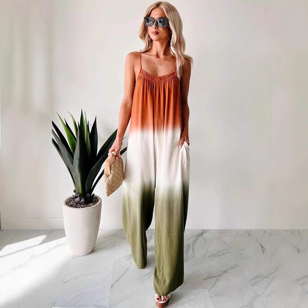 Women s Plus Size Jumpsuit Sexy Strapless Pleated High Waist Tie-dye Suspender Jumpsuit S