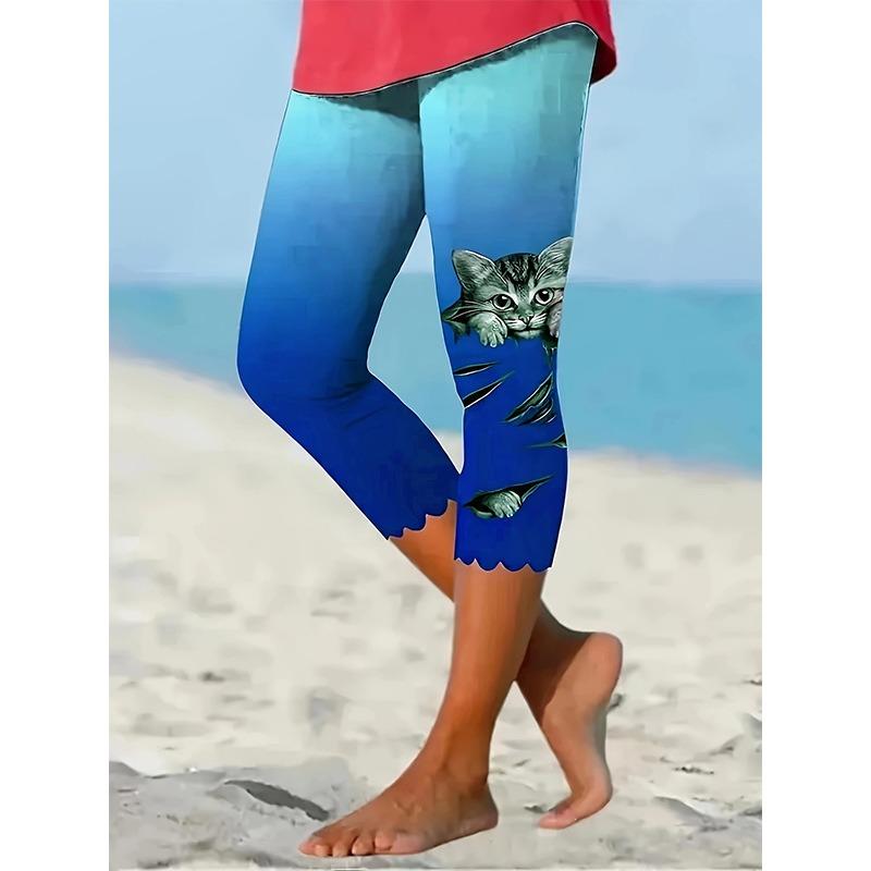 Casual Gato Estampado Slim Fit Mulheres Leggings Capris Moda Cintura Alta Correndo Calças Lady Elegante Skinny Moda Feminina Leggings Calças 24520