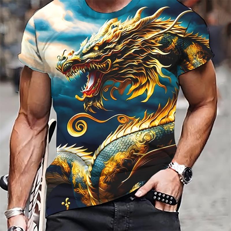 3D Digital Animation Style Roaring Dragon Pattern Round Neck Short Sleeve T Shirt Fashion Cool Men's Summer Streetwear Tops