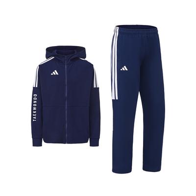 Taekwondo 3-Streifen Klassisch Retro Gerade Hosen Kapuzenpullover Baumwolle Zweiteiliger Lässiger Sportanzug Unisex Trainingsanzug Dunkelblau CLTR02JTK-DBW+TR411TK-NBW