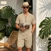 Men's European-American Linen Drawstring Short-Sleeve Shirt & Shorts Set - Breathable Cotton Linen Beach Travel Outfit