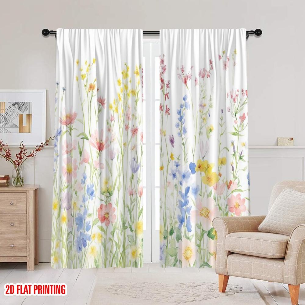 Plane Printing Curtain Popular Floral Symphony Versatile Polyester Fabric Without Rod Holiday Use Living Room Set Of 2 Made Washable Area Ready