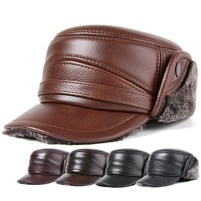 Pánské zimní čepice s bomberem z přírodní pravé kůže pro muže gorras Kožešina Teplé chrániče sluchu Čepice proti chladu z hovězí kůže