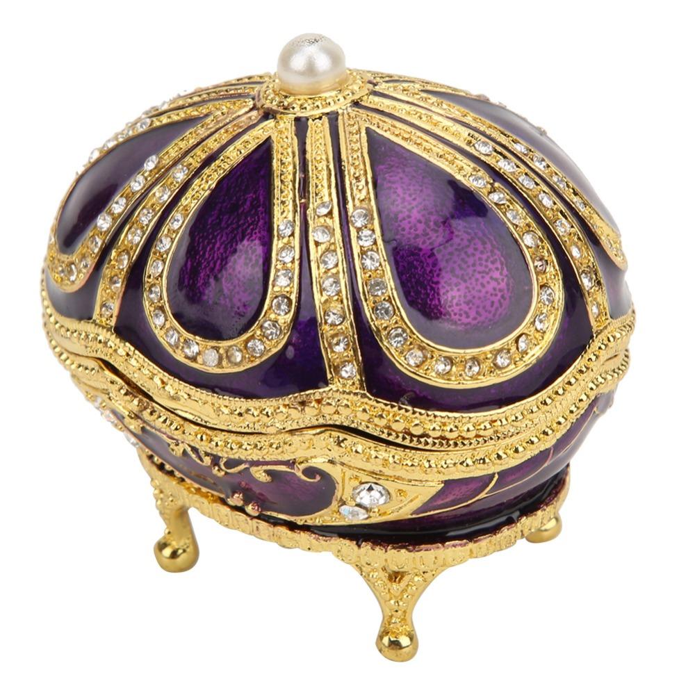 Hinged Lid Metal Trinket Box Purple Enamel Rhinestone Ornament Enamel Jewelry Box Home Decor