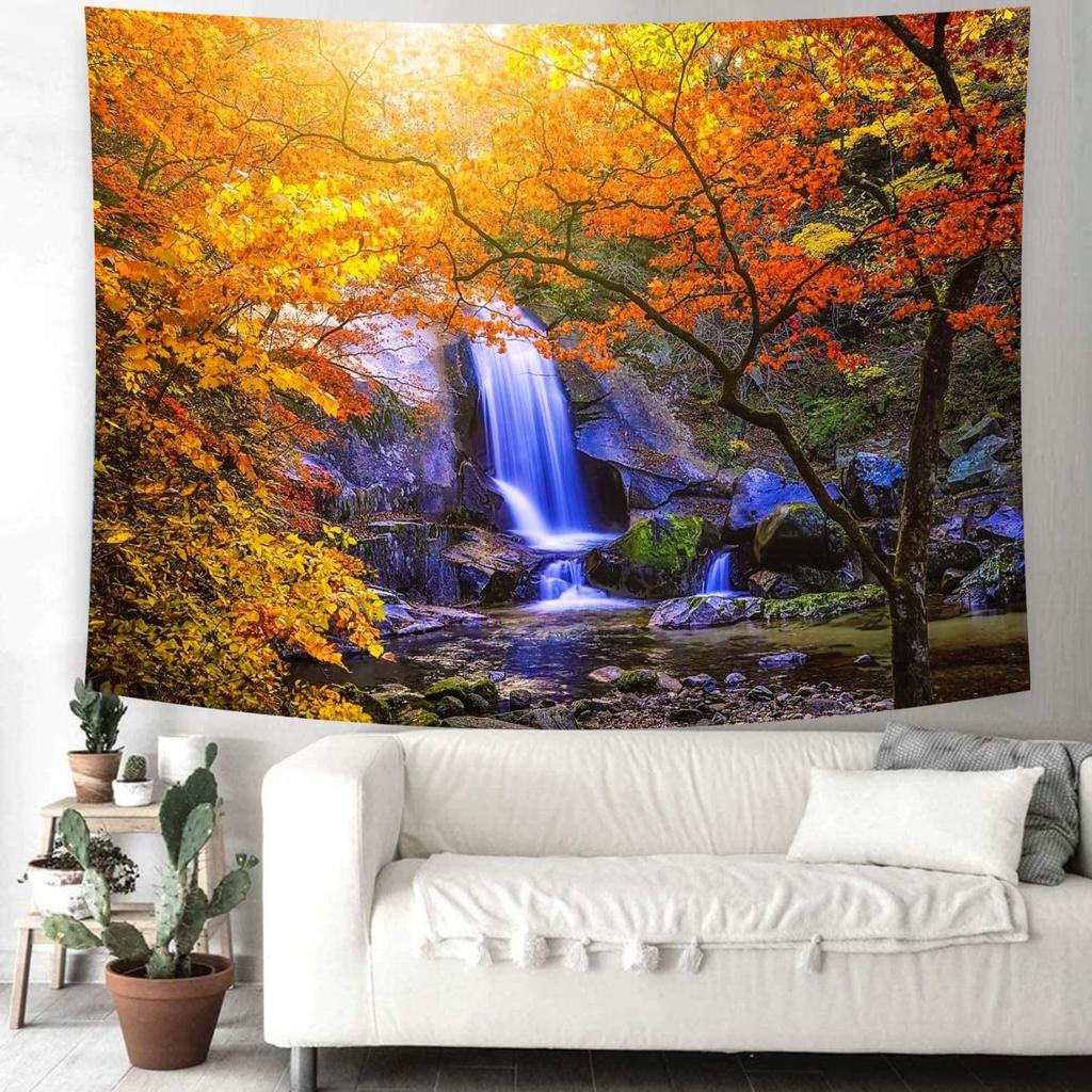 Colorful Autumn Forest Tapestry Waterfall and Orange Trees Scene Water Resistant Fabric Seasonal Nature Theme Wall Hanging
