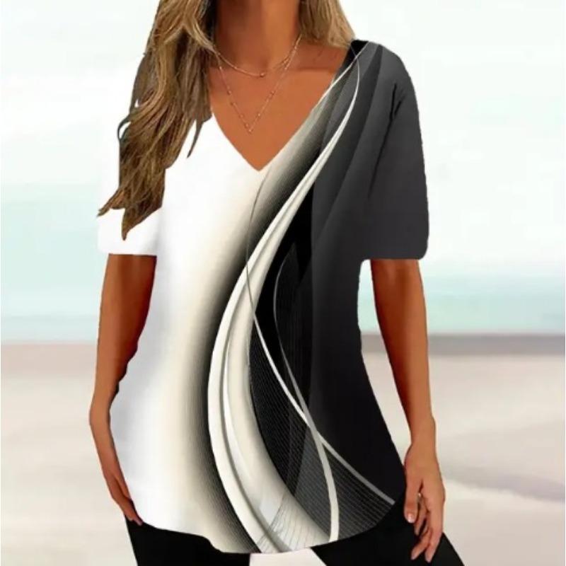 Retro Women's Ethnic Geometric Painting Harajuku T-shirt Women's Summer Casual Short Sleeve V-neck T-shirt