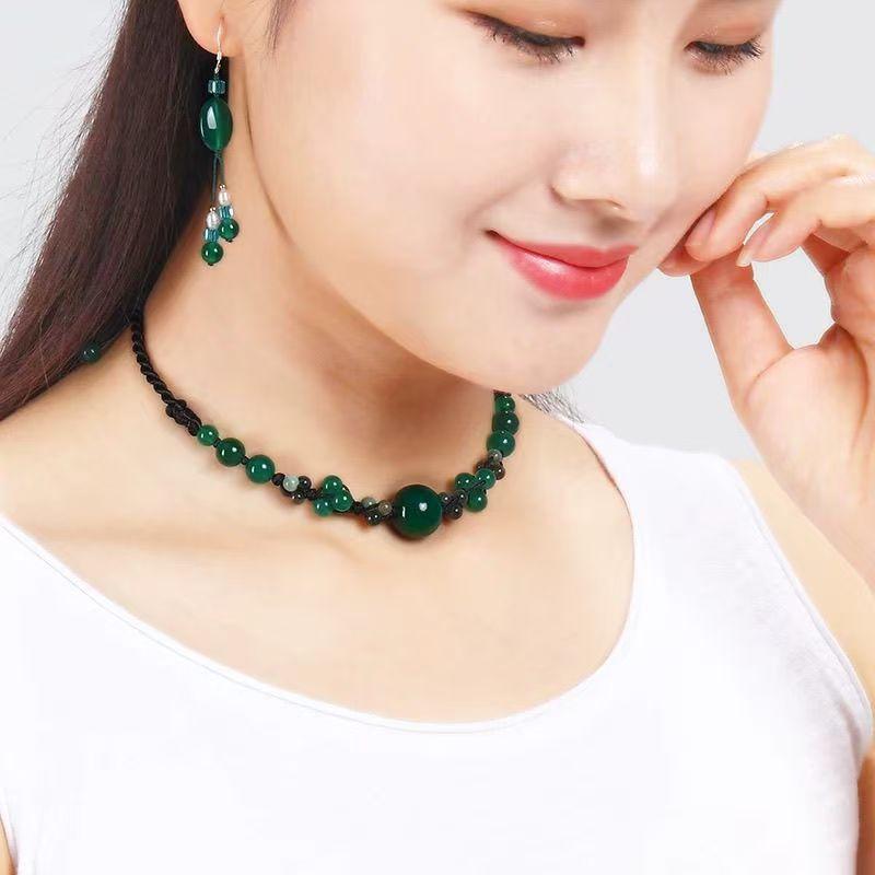 GEMCHIC Women s Vintage Green Agate Beaded Necklace Ethnic Style Braided Choker Scarf Covering Jewelry